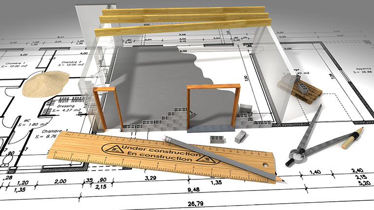 An illustration of drafting tools, blueprints, and a model of a building